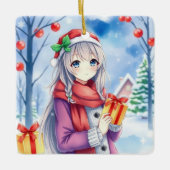 Feestelijke anime meisje in grillige dorp kerst keramisch ornament (Voorkant)