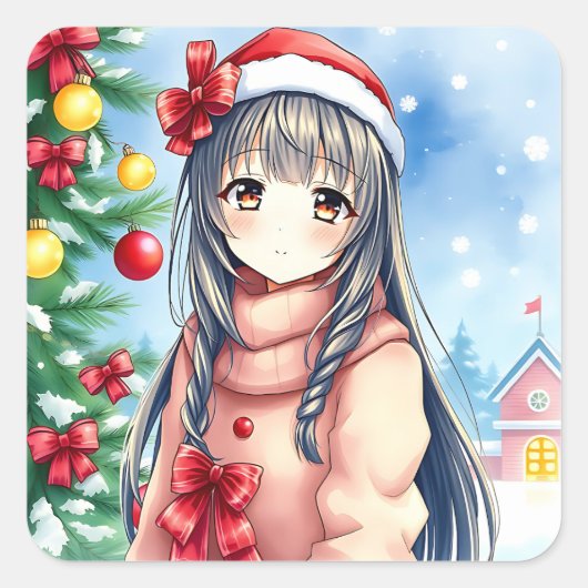 feestelijke anime meisje kerst vierkante sticker (Voorkant)