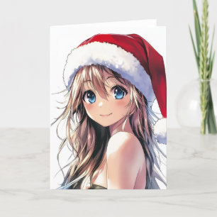 Feestelijke Anime Meisje Kerstman Hoed met Helderb Feestdagen Kaart