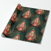 Feestelijke Antiek kerstpop groen rood Cadeaupapier (Uitgerold)