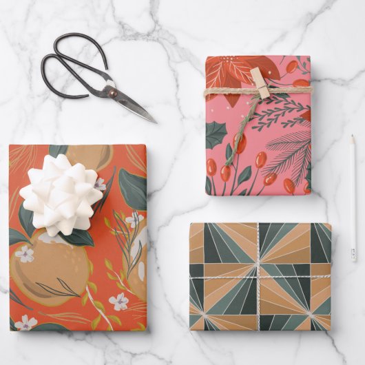 Feestelijke Apple Poinsetta Vakantie Gem Tone Inpakpapier Vel (Voorkant)