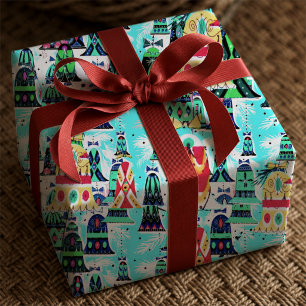 Feestelijke Aqua Retro Kerstbellen Cadeaupapier