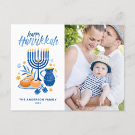 Feestelijke Aquarel Menorah Gelukkig Hanukkah Foto Feestdagenkaart