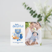 Feestelijke Aquarel Menorah Gelukkig Hanukkah Foto Feestdagenkaart (Staand voorkant)