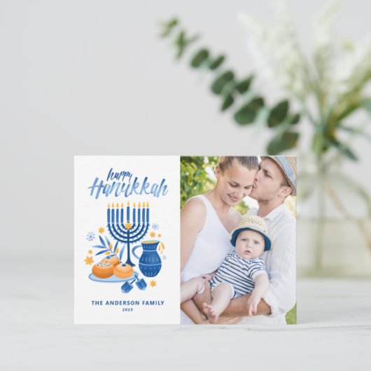 Feestelijke Aquarel Menorah Gelukkig Hanukkah Foto Feestdagenkaart (Staand voorkant)