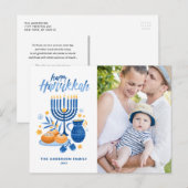 Feestelijke Aquarel Menorah Gelukkig Hanukkah Foto Feestdagenkaart (Voorkant / Achterkant)