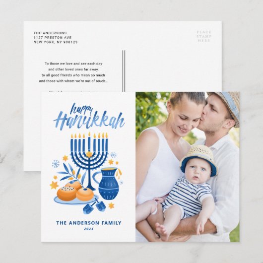 Feestelijke Aquarel Menorah Gelukkig Hanukkah Foto Feestdagenkaart (Voorkant / Achterkant)