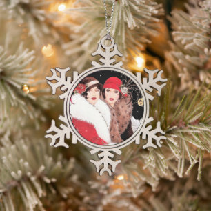 feestelijke art deco retro  dames tin sneeuwvlok ornament