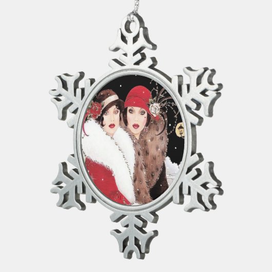 feestelijke art deco retro  dames tin sneeuwvlok ornament (Rechts)