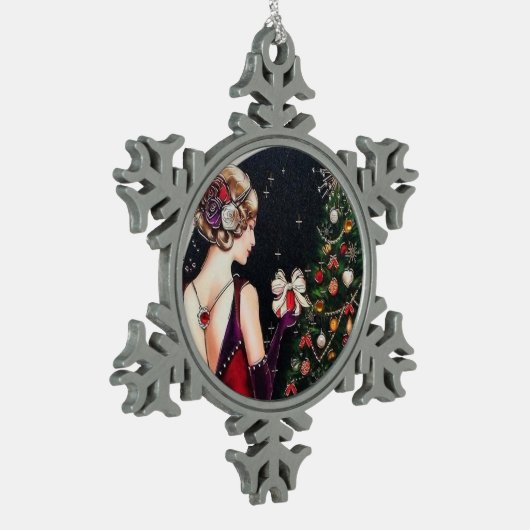 feestelijke art deco retro  lady tin sneeuwvlok ornament (Links)