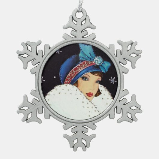 feestelijke art deco retro lady tin sneeuwvlok ornament (Voorkant)