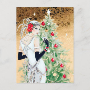Feestelijke art deco retro vintage Kerstmis dame Feestdagenkaart