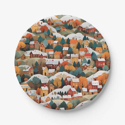 Feestelijke Autumn Paper Collage Village Papieren Bordje (Voorkant)