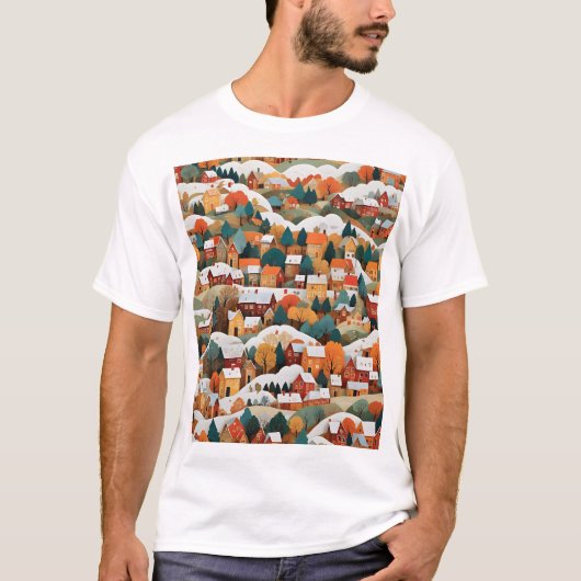 Feestelijke Autumn Paper Collage Village T-shirt (Voorkant)