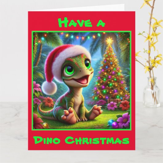 Feestelijke Baby Dinosaur Christmas Kaart (Gele Bloem)