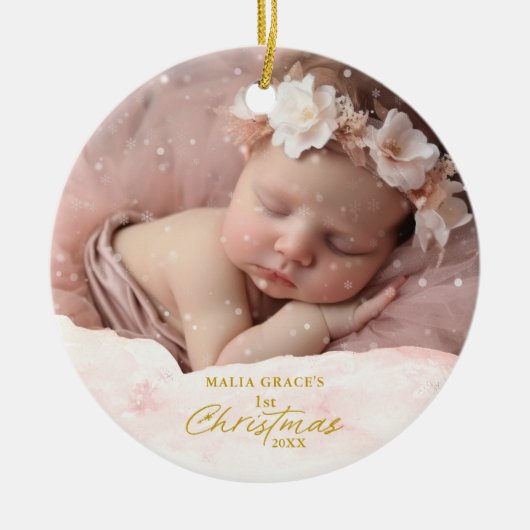Feestelijke Baby's 1e Kerstmis Sneeuw Flurry Foto Keramisch Ornament (Voorkant)