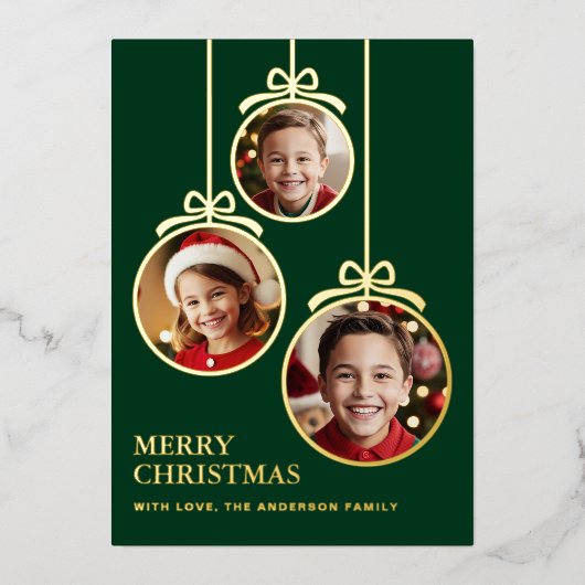 Feestelijke Baubles Foto Lijst Evergreen Folie Feestdagenkaart (Voorkant)