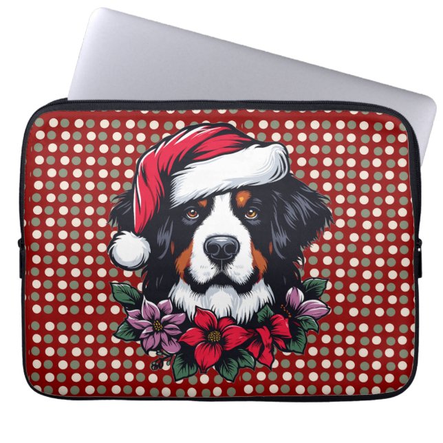 Feestelijke Berner Hond met Santa Hat en Florals Laptop Sleeve (Voorkant)