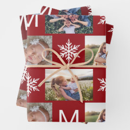 Feestelijke Berry Snowflakes Monogram Fotocollage Inpakpapier Vel
