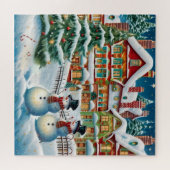Feestelijke besneeuwde dorpsscène. legpuzzel (Horizontaal)
