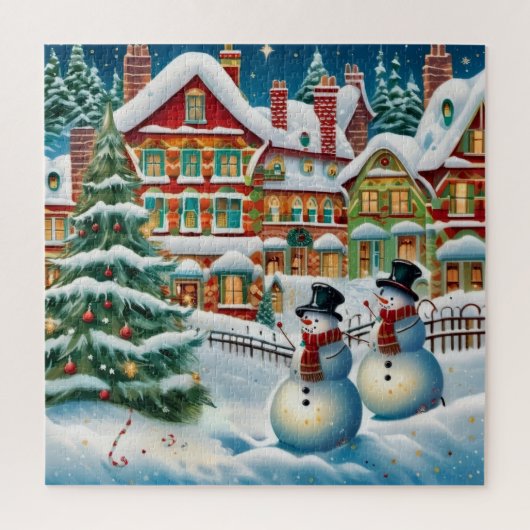 Feestelijke besneeuwde dorpsscène. legpuzzel (Verticaal)