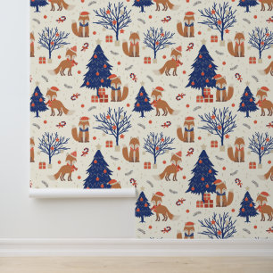 Feestelijke betegelde Kerstmis patroon vos Behang