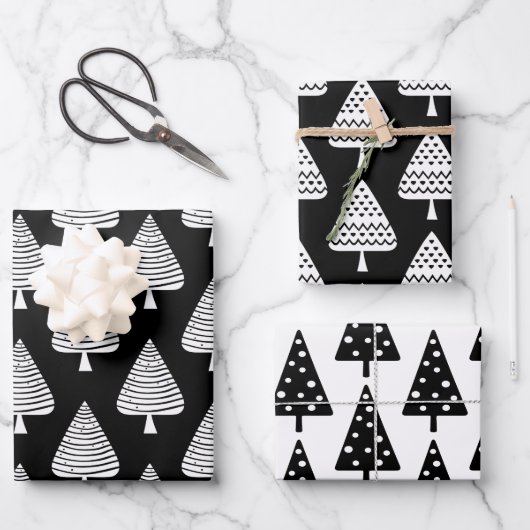 Feestelijke Black and White Holiday Trees Wrapping Inpakpapier Vel (Voorkant)