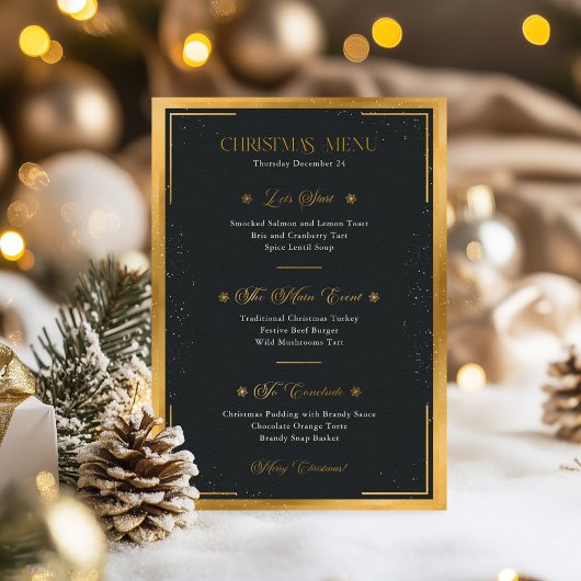 Feestelijke Black & Gold Kerstdiner Menu Kaart