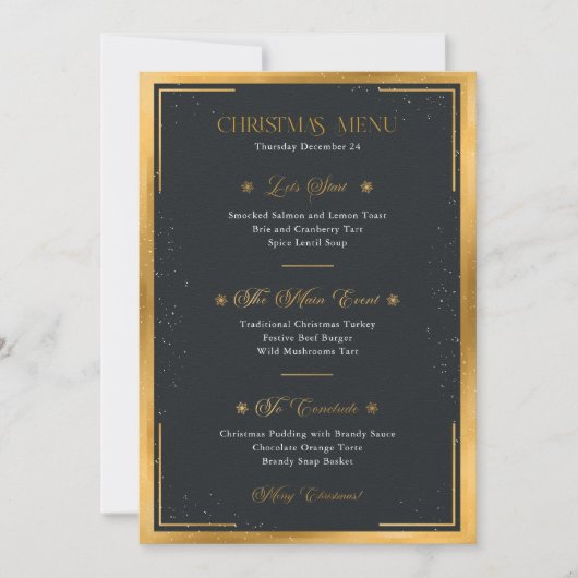 Feestelijke Black & Gold Kerstdiner Menu Kaart (Voorkant)