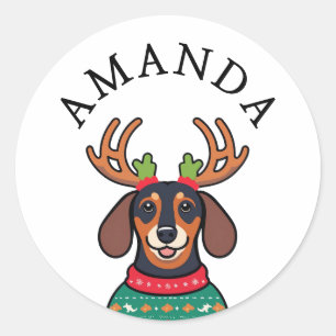 Feestelijke Black Teckel Kerstnaam Ronde Sticker
