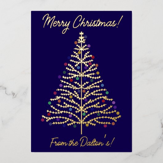 Feestelijke Blauw & Goud Moderne Kerstboom Persoon Folie Feestdagenkaart (Voorkant)