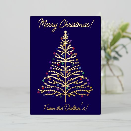 Feestelijke Blauw & Goud Moderne Kerstboom Persoon Folie Feestdagenkaart (Staand Voorkant)