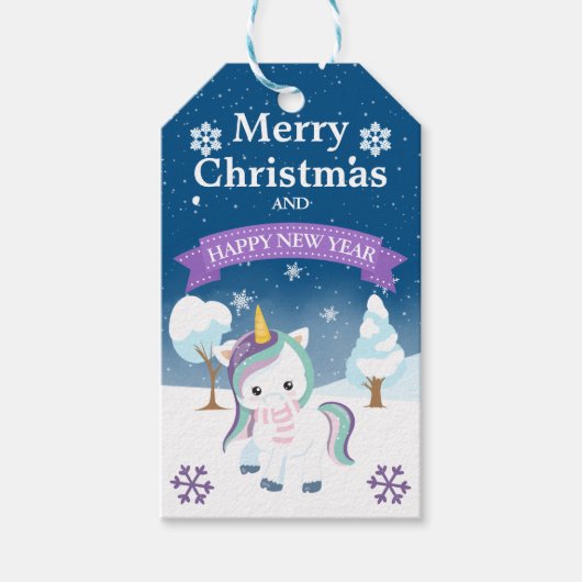 Feestelijke Blauwe en Paarse Kerst Eenhoorn Cadeaulabel (Voorkant)