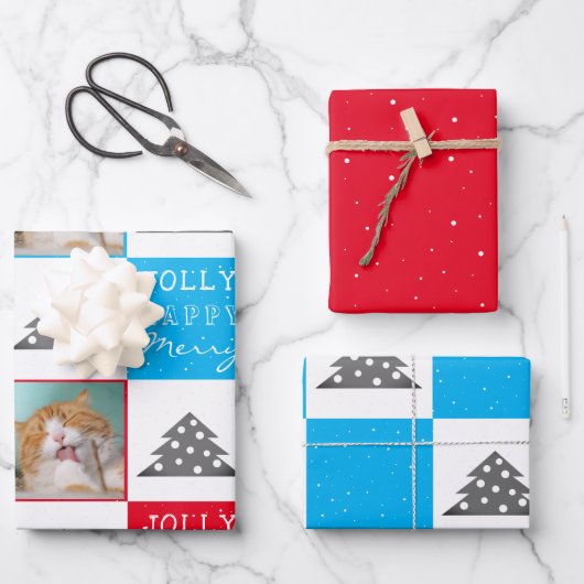 Feestelijke Blauwe en Rode Kat Foto Kerstboom Inpakpapier Vel (Voorkant)