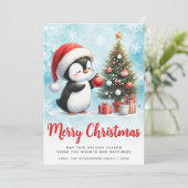 Feestelijke blauwe en rode pinguïn Vrolijk Kerstfe Feestdagenkaart (Staand voorkant)