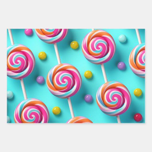 Feestelijke Blauwe en Roze Lollipops Snoep Lane Inpakpapier Vel (Voorkant 3)
