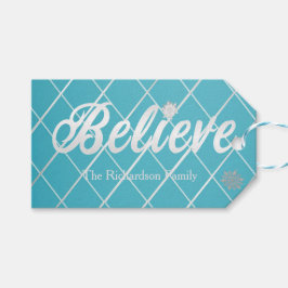 Feestelijke Blauwe en Zilveren 'Geloof' Vakantie Cadeaulabel