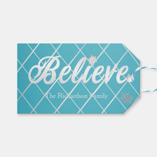 Feestelijke Blauwe en Zilveren 'Geloof' Vakantie Cadeaulabel (Voorkant (Horizontaal))