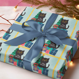 Feestelijke Blauwe Gouden Kerstmis Zwarte Kat Koff Cadeaupapier