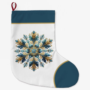 Feestelijke blauwe gouden sneeuwvlok voeg naam toe grote kerstsok
