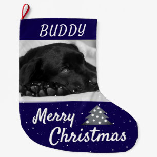 Feestelijke Blauwe Hond Hondennaam en Foto Grote Kerstsok