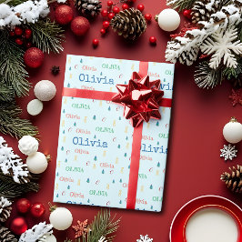 Feestelijke Blauwe Kerst Herhalende Naam Persoonli Cadeaupapier
