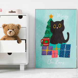 Feestelijke Blauwe Kerst Mooie Kat Koffie Muurkuns Poster