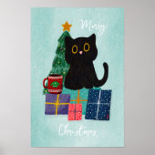 Feestelijke Blauwe Kerst Schattigee Kat Koffie Wal Poster (Voorkant)