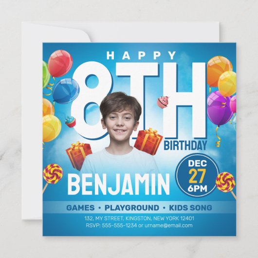 Feestelijke Blauwe Kinderverjaardagsfeest Foto Kaart (Voorkant)