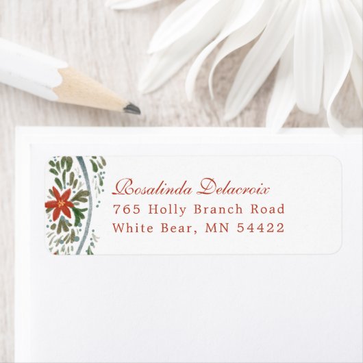 Feestelijke Blauwe Lint en Poinsettia Traditioneel Etiket (Insitu)