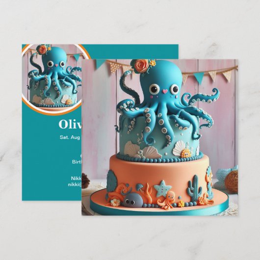 FEESTELIJKE BLAUWE OCTOPUS THEMA VERJAARDAGSTAART KAART (Voorkant / Achterkant)