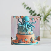 FEESTELIJKE BLAUWE OCTOPUS THEMA VERJAARDAGSTAART KAART (Staand voorkant)