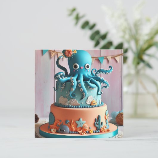FEESTELIJKE BLAUWE OCTOPUS THEMA VERJAARDAGSTAART KAART (Staand voorkant)