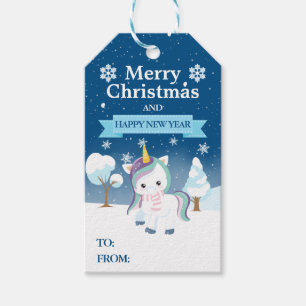 Feestelijke Blauwe Paarse & Witte Kerst Eenhoorn Cadeaulabel